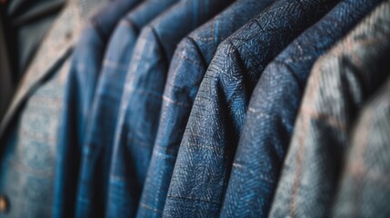 Row of tailored man suit jacket on hanger in clothing shop display. Fashion retail and business apparel concept background.