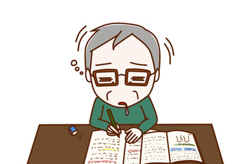 （上半身正面）勉強を頑張っていたが力尽きてコックリと船をこいでうたた寝をする高齢の男性