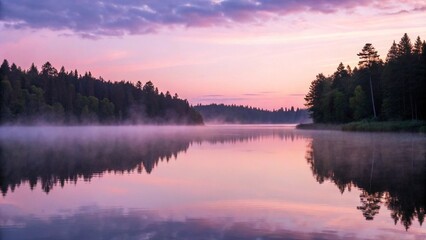 Fototapeta premium The mystical beauty of an early morning or late evening lake, shrouded in a delicate mist and mirroring the vibrant purples and soft pinks of the sky