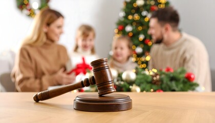 Gavel on table, blurred family Christmas background (1)