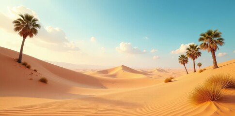 Dune landscape with sand dunes and palm trees, sand dunes, nature, arid land