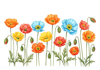 Fototapeta premium Colorful watercolor painted poppies with green leaves and buds Isolated on transparent background