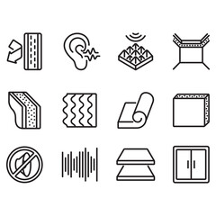 A collection of soundproofing icons. Thin line style vectors. Contains icons such as soundproofing foam, doors, speakers, and more.