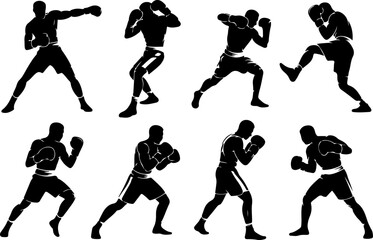 black silhouette vector illustrations depicting a skilled boxer engaged in dynamic shadow boxing routines
