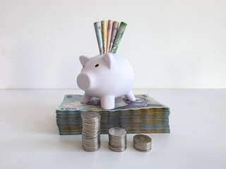 White piggy bank sitting on a stack of romanian money with bank notes poking out of the top