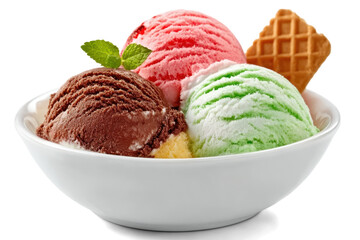 Strawberry, chocolate and mint ice cream scoops with wafer stick in bowl on white background