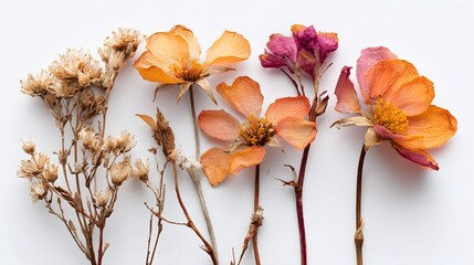 Dried desert flower petals brittle stems arranged on white background suitable for arid region flora illustrations botanical research and nature contrast visuals © Hasnain