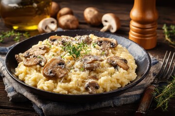 A delicious mushroom risotto dish presented beautifully on a dark plate, garnished with herbs and cheese, resting on a rustic wooden table, a culinary masterpiece.