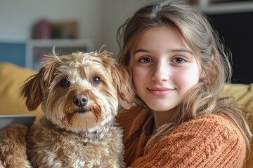 Midsection of a teenage girl sitting on a sofa indoors with her dog, working on a laptop, reflecting a blend of productivity and relaxation at home, Generative AI
