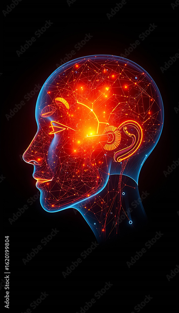 Poster profile view of a head rendered as a network of glowing lines with bright red and orange areas