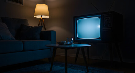 Retro TV in Dimly Lit Living Room at Night