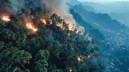 Dramatic aerial view of a raging wildfire consuming dense tropical rainforest under smoky skies