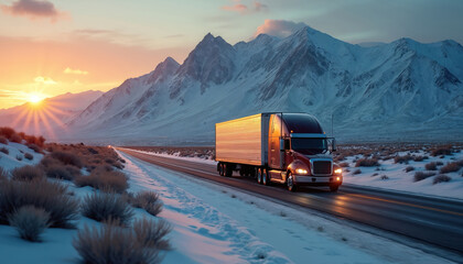 Semi truck drives on snow-lined mountain road at dusk. Sun sets casting warm light on vehicle and landscape. Represents American truck driver appreciation week, logistics, transport, and delivery.