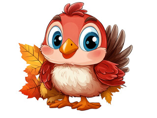 Cute fall bird with big eyes and autumn leaves isolated on white background