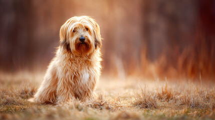 A Tibetan terrier sitting peacefully with soft fur, exuding calmness and natural beauty.