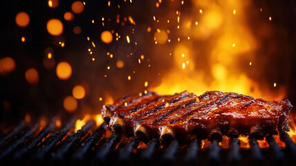 Grilled beef ribs cooking on barbecue grill with smoky flames and glowing sparks creating warm,...