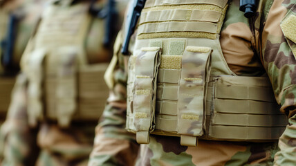Military soldier wearing camouflage tactical vest with pouches and gear in close up view showing fabric texture and details