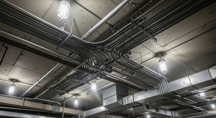 Industrial ceiling with complex network of pipes, conduits, and lighting