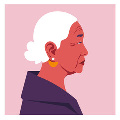 Vector portrait of an elderly Asian woman in profile with white white hair, against a soft pink background. Side view. Flat minimal illustration style.