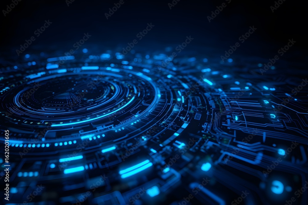 Poster abstract blue digital background with futuristic tech elements, circuit board, and glowing lights in