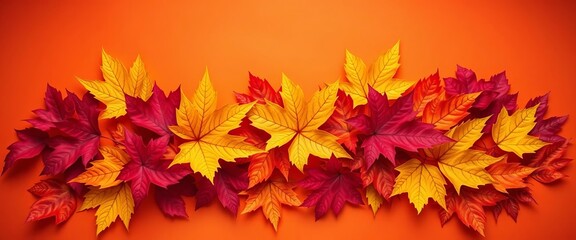 Artistic autumn leaf arrangement; vibrant red, yellow, orange foliage against solid orange backdrop,  leaves,  yellow leaves