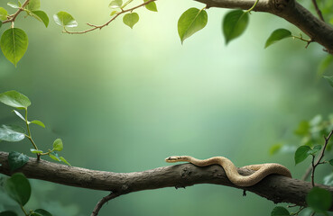 Fototapeta premium Yellow snake slithers on tree branch against soft green bokeh background. Image represents nature, wildlife, growth, with elements of time, planning suggested by calendar theme. Serene backdrop for