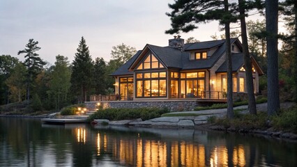 Fototapeta premium Luxurious lakeside retreat illuminated at dusk, featuring a modern architectural design with expansive windows offering stunning water views