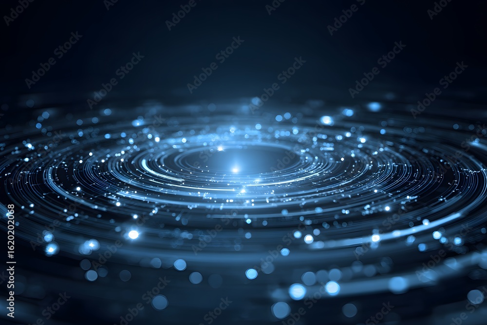 Poster abstract blue digital background with futuristic tech elements, circuit board, and glowing lights in