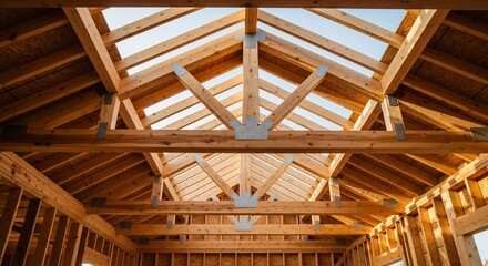 Obraz premium Interior View of Wooden House Frame Construction with Exposed Trusses and Sky