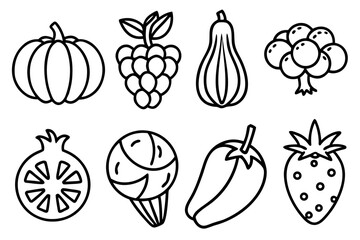 Collection of stylized fruits and vegetables line art isolated on white background