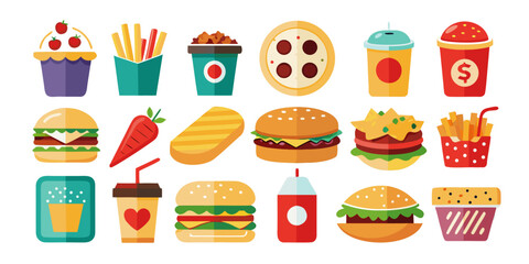 Collection of fast food icons isolated on white background