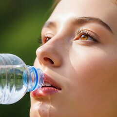 Beautiful young woman with clear skin and freckles drinking water from plastic bottle in sunlight, symbolizing purity, skincare, and hydration.