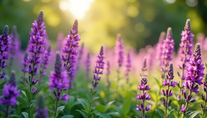 Fototapeta premium Dense cluster of vibrant purple wildflowers swaying in gentle breeze, nature scenery, nature, flowers arrangement