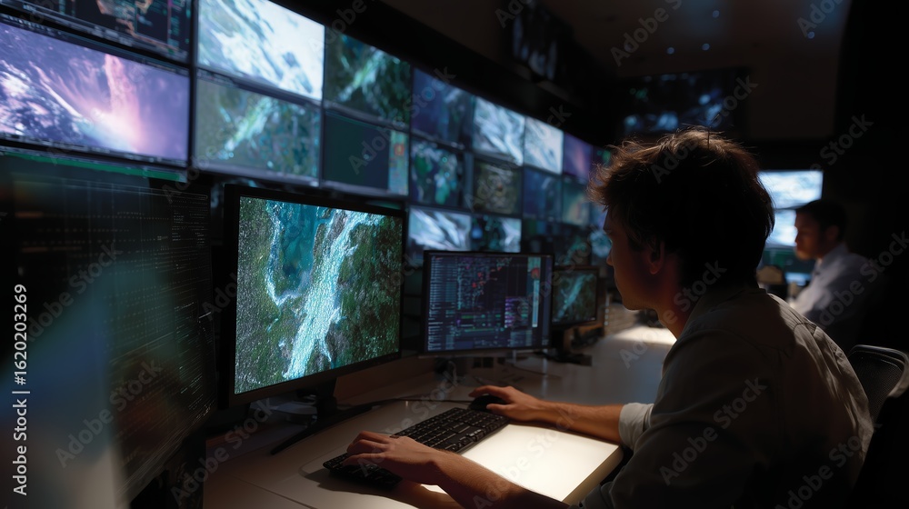 Aufkleber tech specialists analyze environmental data in a high-tech control room during nighttime operations