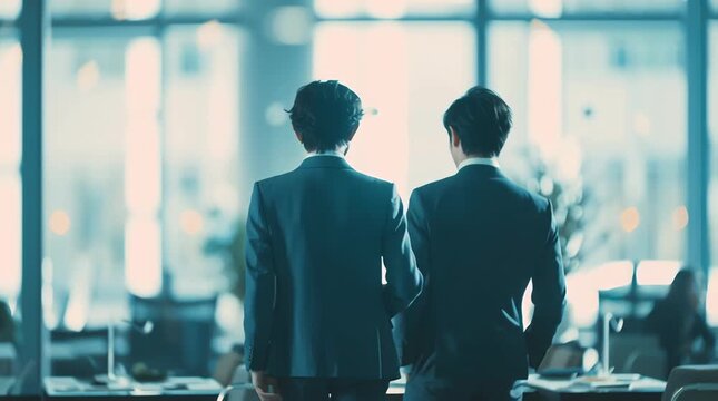 モダンなオフィスを歩く2人の日本人ビジネスパーソンの関係性を象徴する構図｜ビジネス,距離感,対話,関係性,オフィス,洗練
