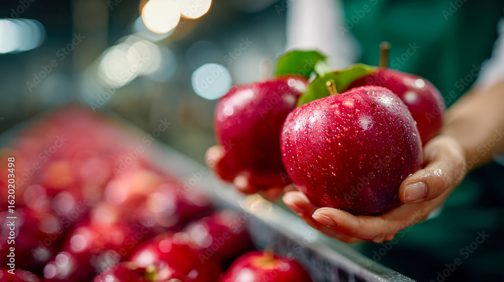 Poster hands holding several shiny red apples with water droplets, set against a background of a produce li