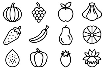 Collection of fruit and vegetable icons isolated on white background