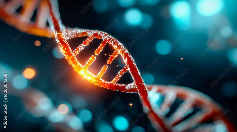 Aufkleber close-up of a glowing red dna helix suspended in a futuristic laboratory with sparkling particles an