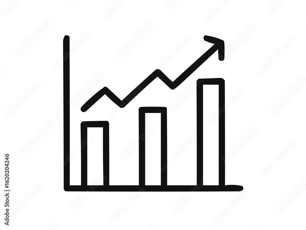 Poster hand drawn graph showing upward trend with vertical and horizontal axes and three bars indicating gr