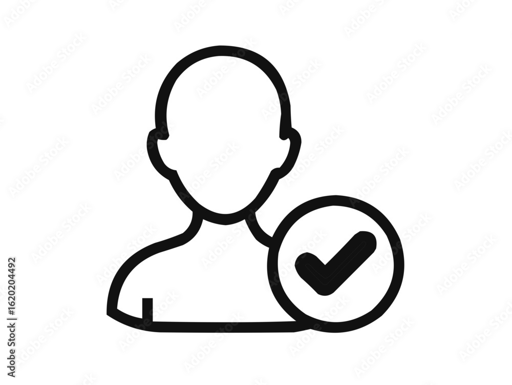 Poster person icon with checkmark inside a circle indicating verification or approval on a white background