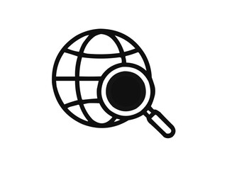 A black and white illustration of a globe and a magnifying glass for global search concept icon