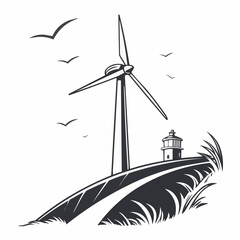 A black and white illustration of a windmill and lighthouse on a hill with birds flying in the sky above
