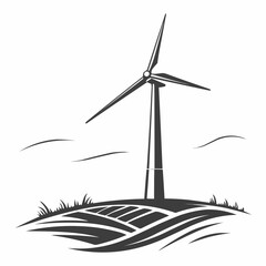 Illustration of a wind turbine on a hill with grass and fields under a cloudy sky in grayscale art
