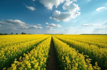 Vast field of yellow rapeseed flowers sway in breeze under blue sky with clouds. Sun casts long shadows across the blooming crop. Rural landscape showcases agricultural beauty of canola plants.