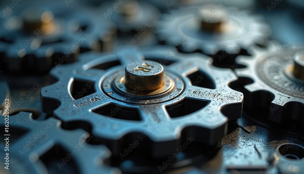 Poster close-up macro shot of interlocking metallic gears, concept of teamwork, precision engineering. retr