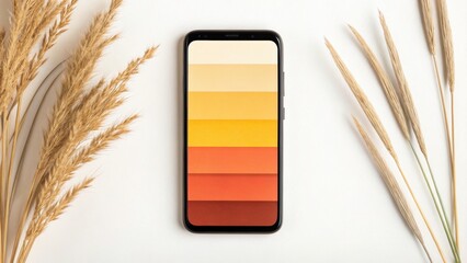 Modern smartphone displaying a colorful gradient on its screen, surrounded by dried wheat stalks, isolated on white background