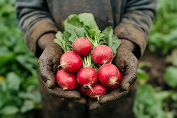 Small boy holding radishes in a vegetable garden, showcasing sustainable gardening and eco-friendly practices in the family garden, Generative AI