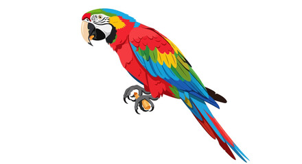 Colorful parrot illustration. Vibrant macaw with detailed red, yellow, blue, and green feathers perched on a branch, showcasing intricate plumage design. Exotic bird concept. Vector artwork.