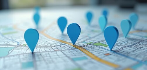 Close-up of city map with multiple blue location markers indicating navigation, route finding. Features shallow depth of field, cartography for travel, exploration. Graphic represents modern
