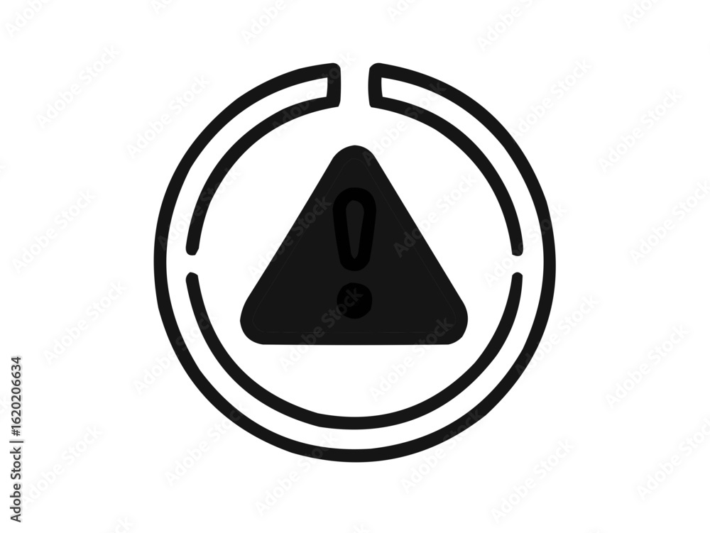 Poster black warning icon inside a circle with breaks at the top depicting potential danger or alert status